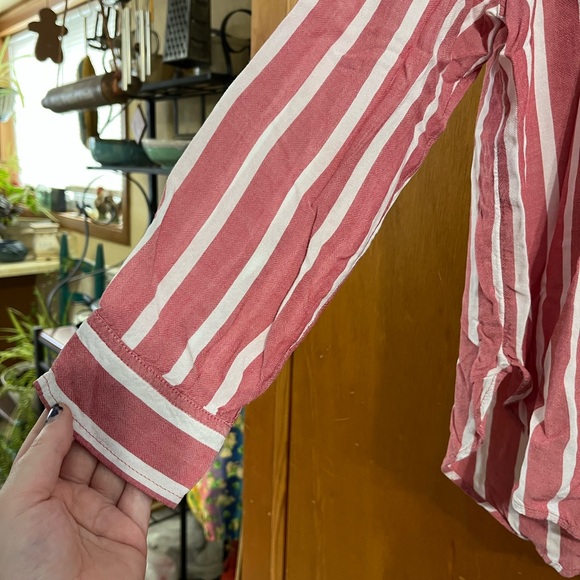 American Eagle Oversize Fit Red and White Stripe Long Sleeve Button Down Blouse - Picture 7 of 8